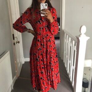 Zara Angel Midi Maxi Midaxi Red Black Floral Smock Flared Tiered
Dress Modest